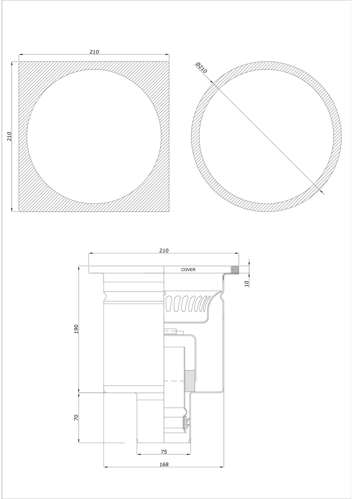 Floor Drain BK_KRDO 210/210x210 DN 75 - One-Piece Vertical - Round/Square Version