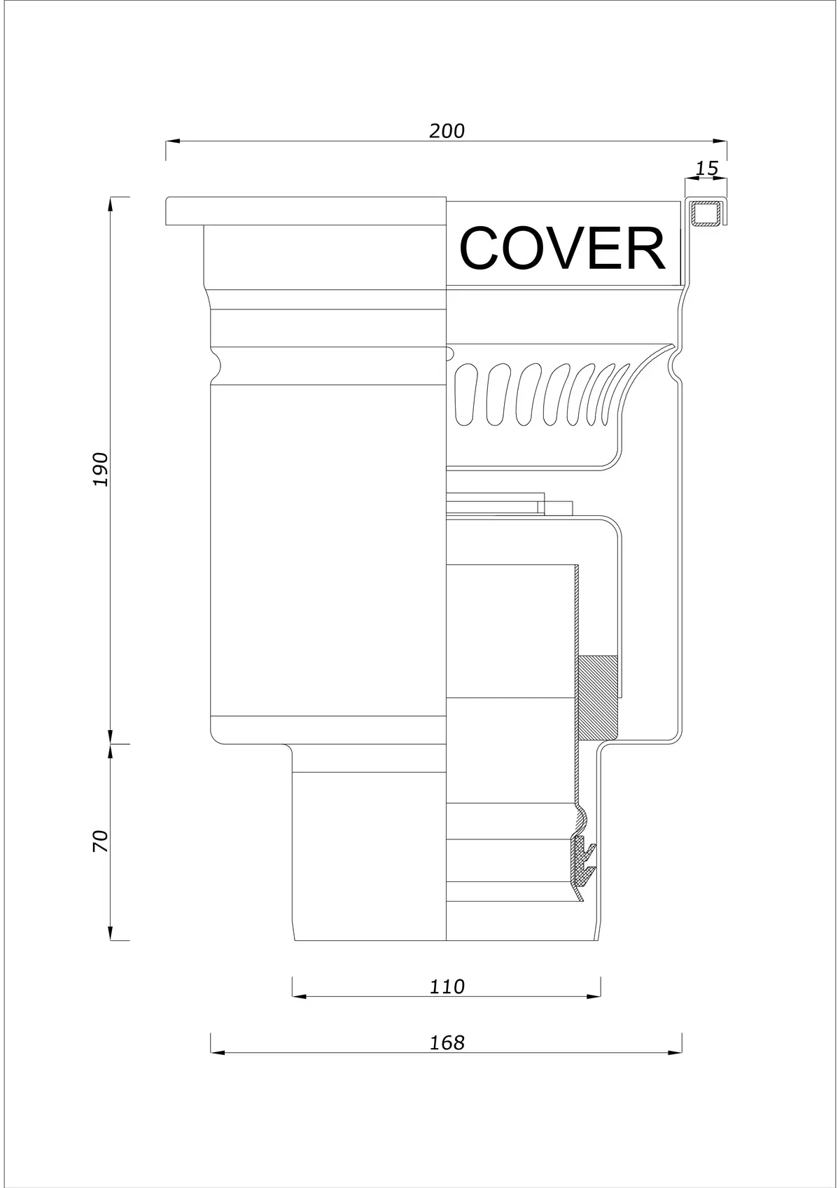 Floor Drain BK_KRD 200x200 DN 110 - One-Piece Vertical