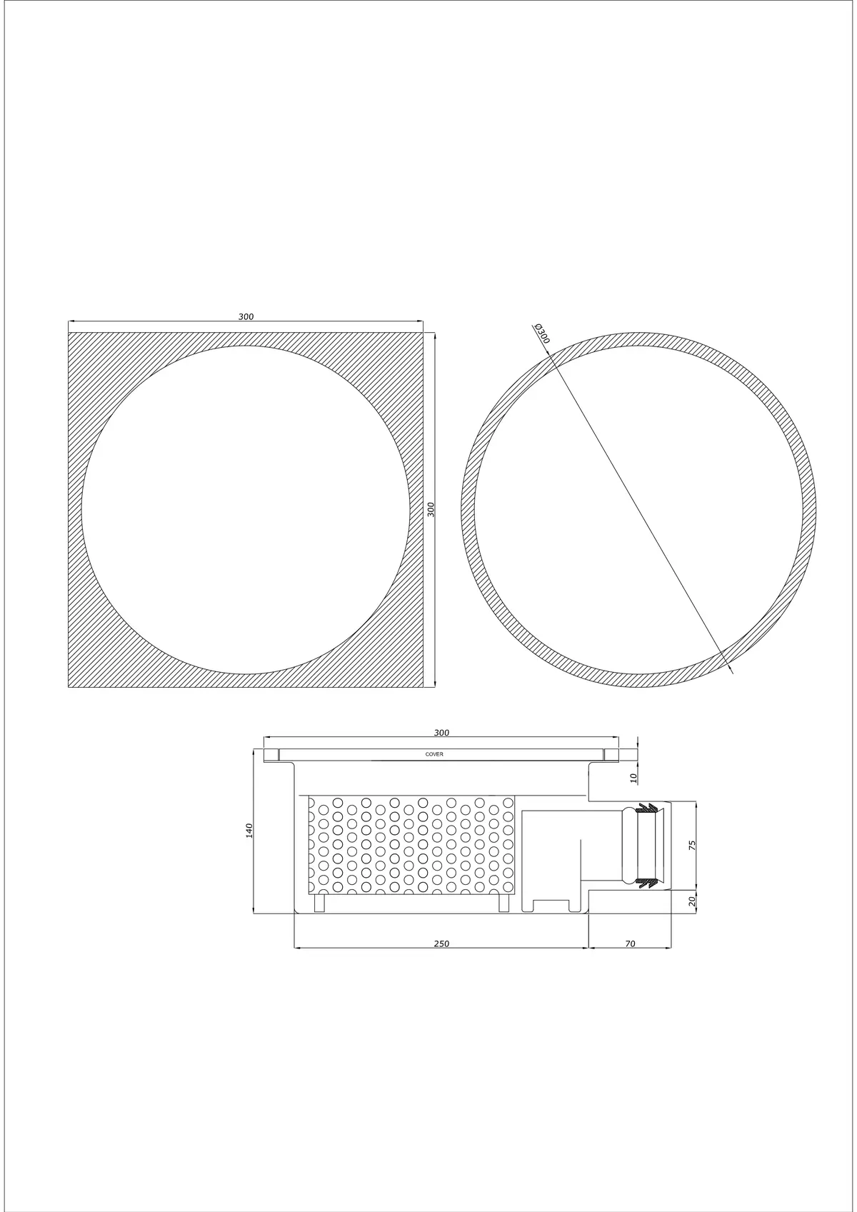 Floor Drain BK_KRBO 300/ 300x300 DN 75 - One-Piece Horizontal - Round/Square Version