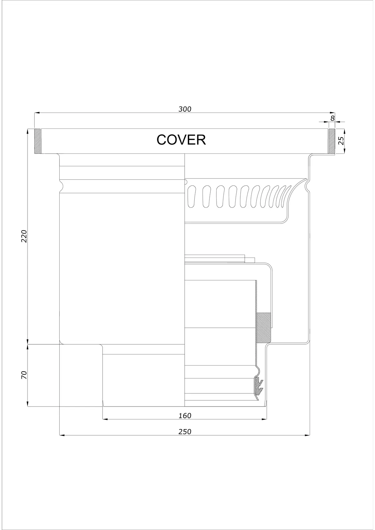 Floor Drain BK_KROD 300 DN 160 with Edge 25x8mm - One-Piece Vertical
