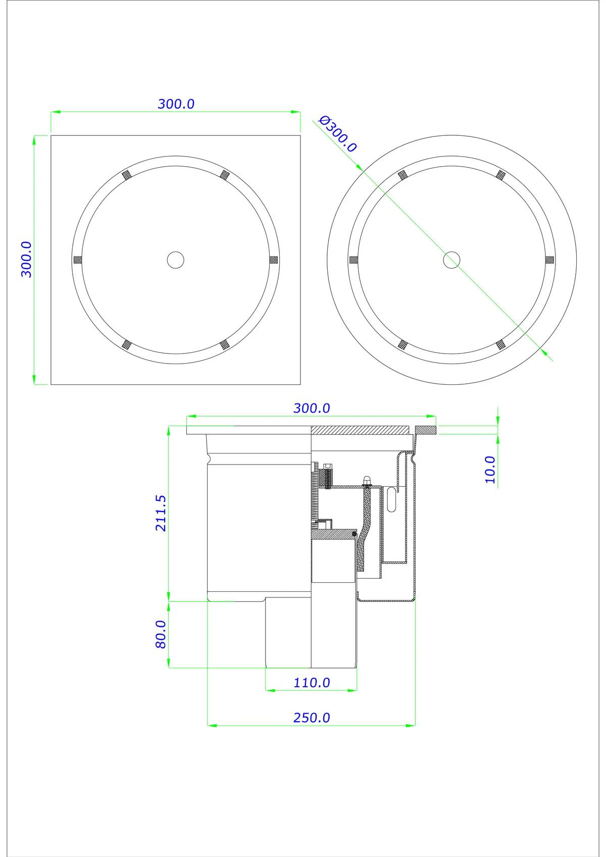 Floor Drain BK_KROD 300/300x300 DN 110 with Lockable Siphon (Allen Key) - One-Piece Vertical