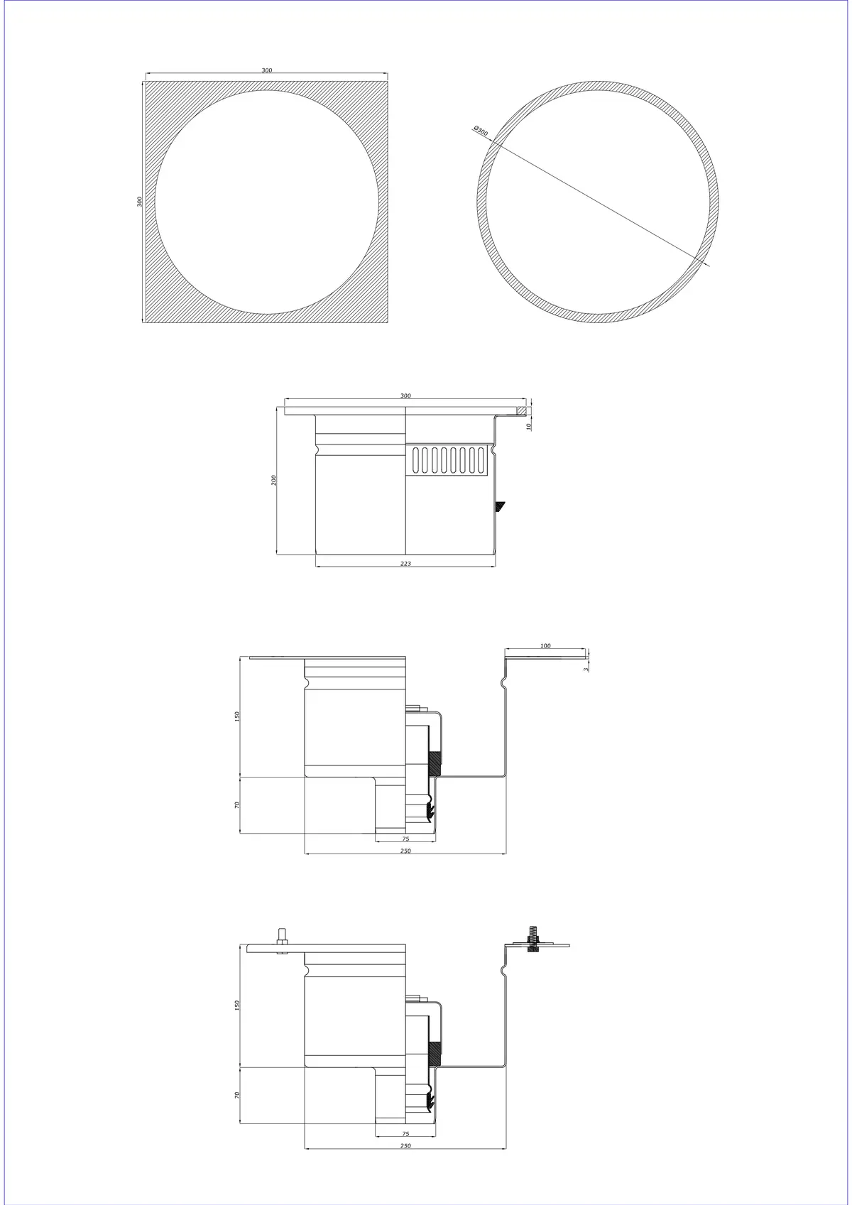 Floor Drain BK_KRDO 300/300x300 DN 75 - Two-Part Vertical - Round/Square Version
