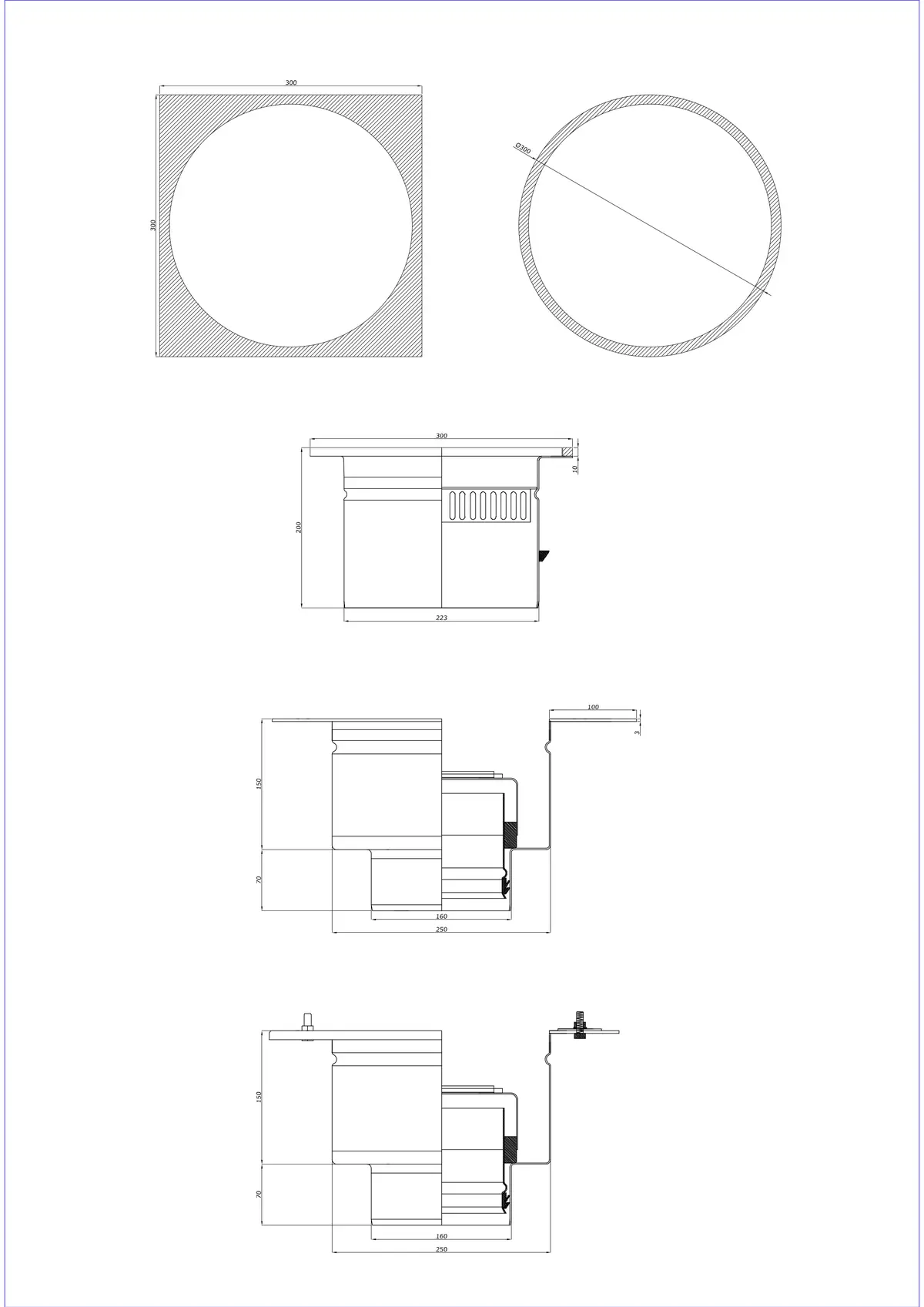 Floor Drain BK_KRDO 300/300x300 DN 160 - Two-Part Vertical - Round/Square Version