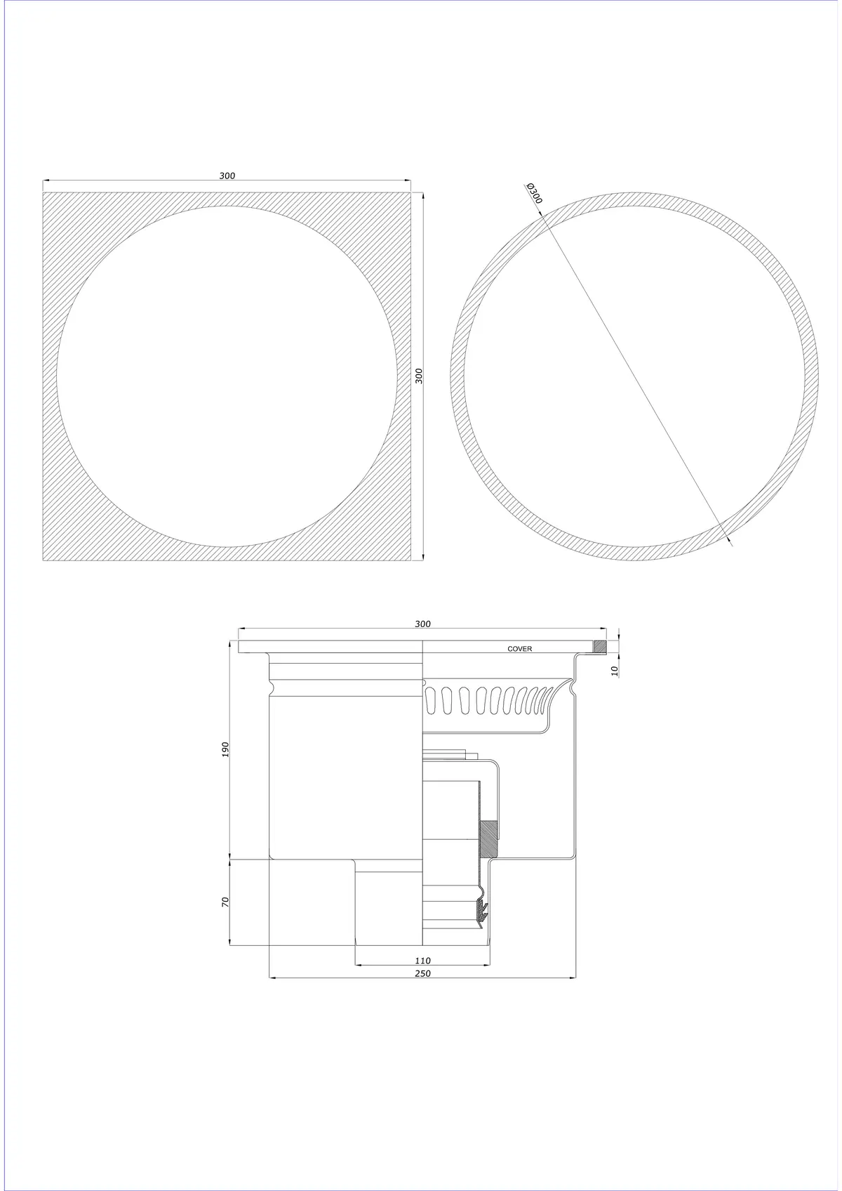 Floor Drain BK_KRDO 300/300x300 DN 110 - One-Piece Vertical - Round/Square Version