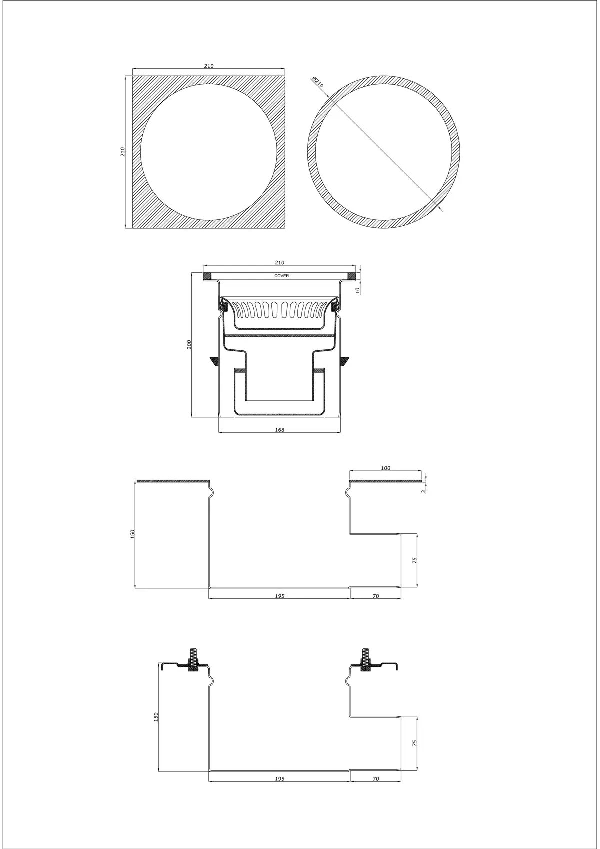 Floor Drain BK_KRBO 210/ 210x210 DN 75 - Two-Part Horizontal - Round/Square Version