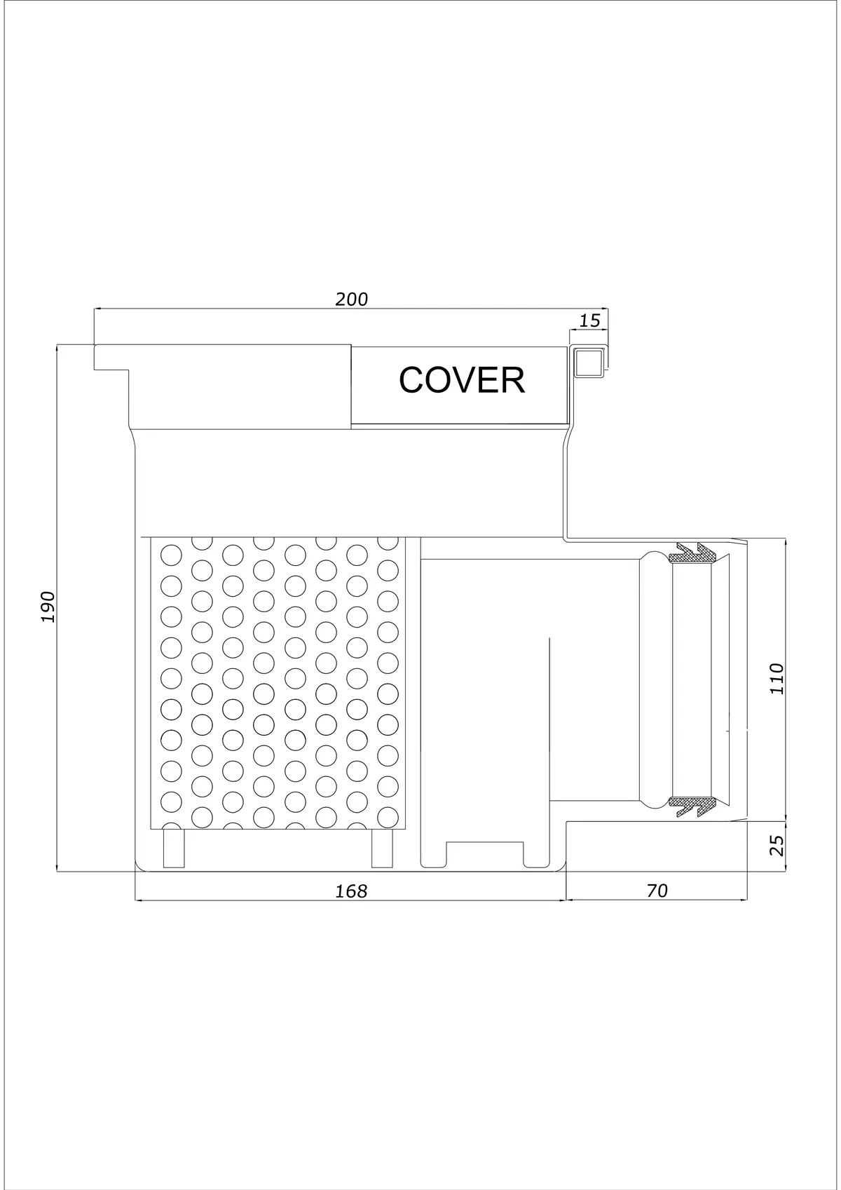 Floor Drain BK_KRB 200x200 DN 110 - One-Piece Horizontal