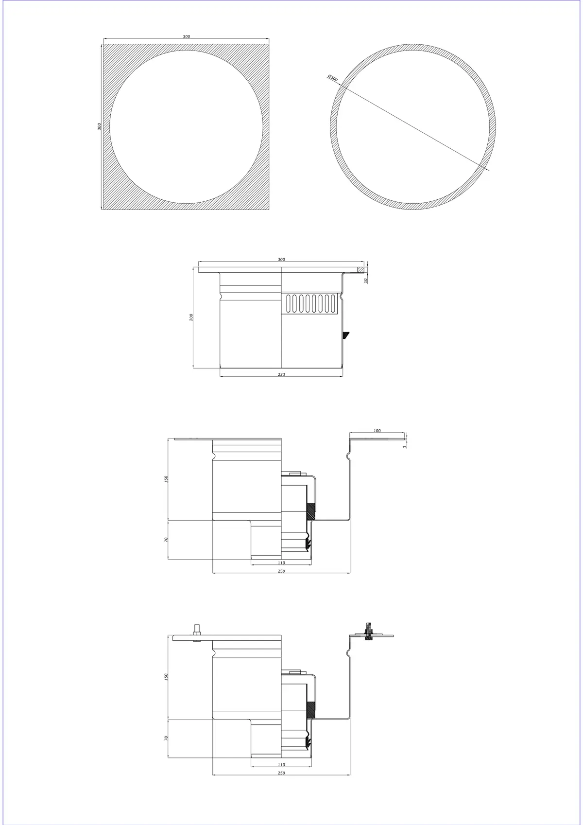 Floor Drain BK_KRDO 300/300x300 DN 110 - Two-Part Vertical - Round/Square Version