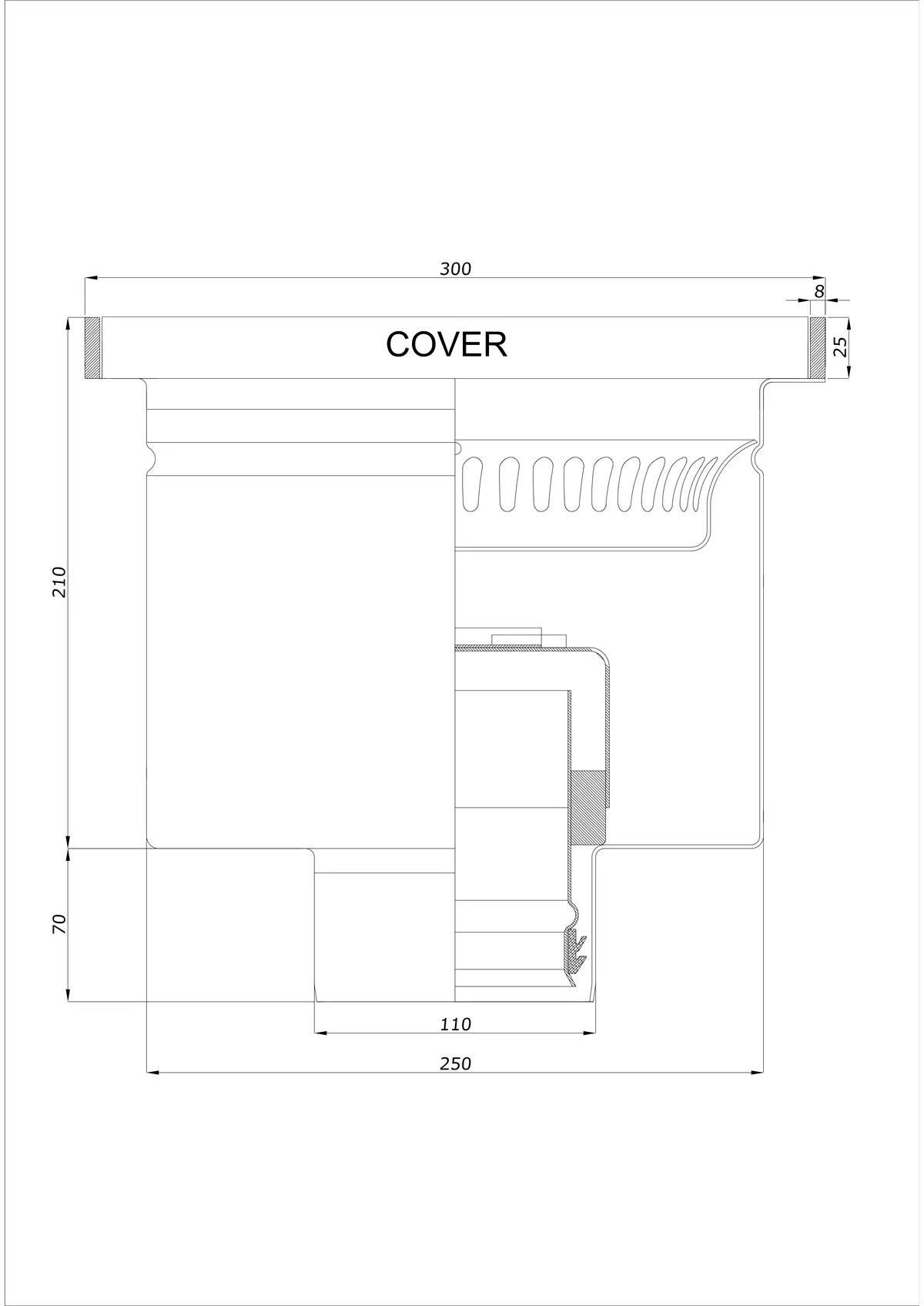 Floor Drain BK_KROD 300 DN 110 with Edge 25x8mm - One-Piece Vertical Drain