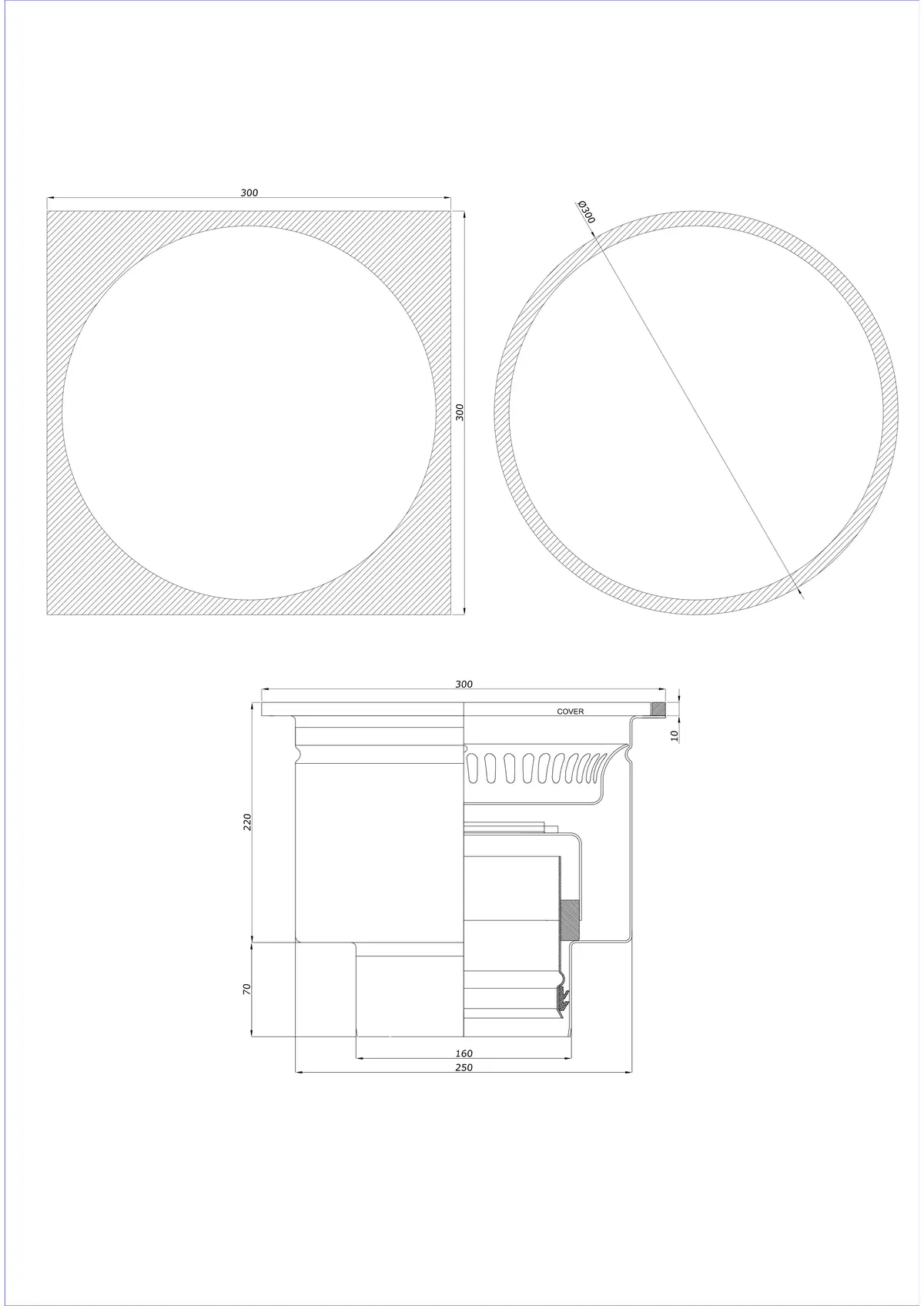 Floor Drain BK_KRDO 300/300x300 DN 160 - One-Piece Vertical - Round/Square Version