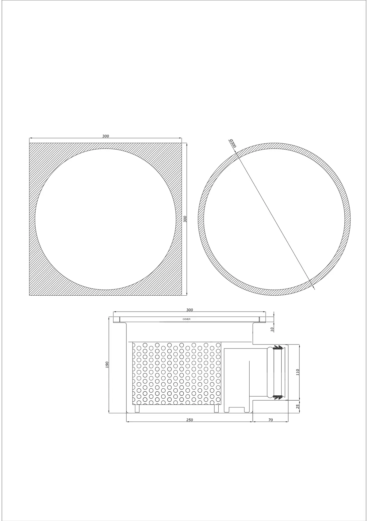 Floor Drain BK_KRBO 300/ 300x300 DN 110 - One-Piece Horizontal - Round/Square Version
