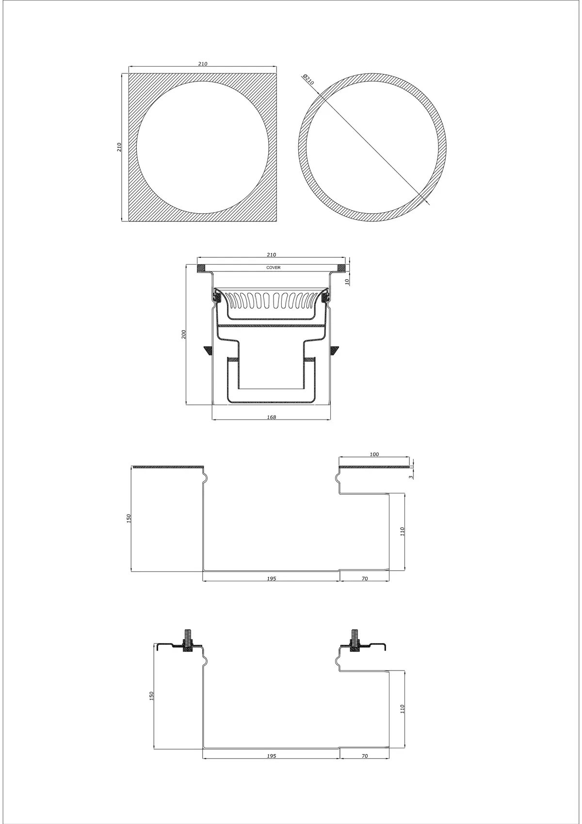 Floor Drain BK_KRBO 210/ 210x210 DN 110 - Two-Part Horizontal - Round/Square Version