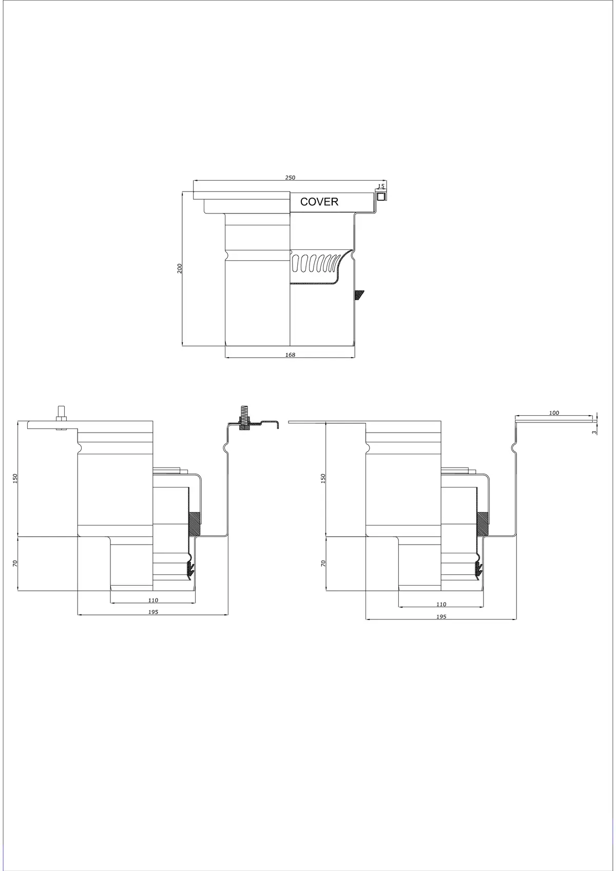Floor Drain BK_KRD 250x250 DN 110 - Two-Part Vertical