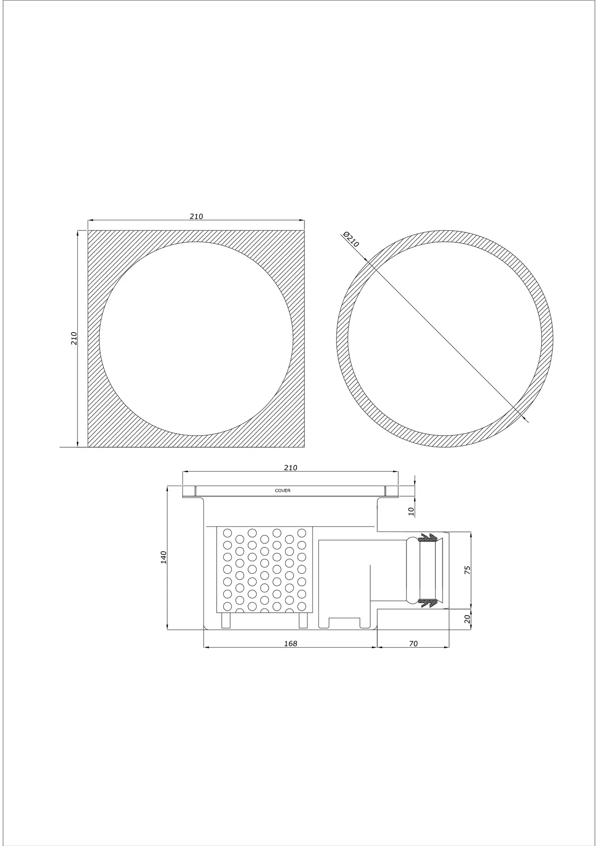 Floor Drain BK_KRBO 210/ 210x210 DN 75 - One-Piece Horizontal - Round/Square Version
