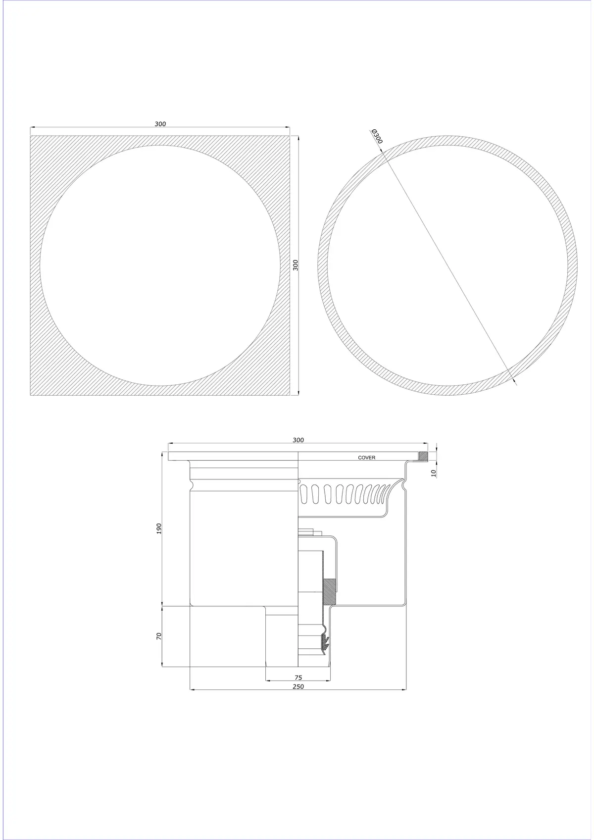 Floor Drain BK_KRDO 300/300x300 DN 75 - One-Piece Vertical - Round/Square Version