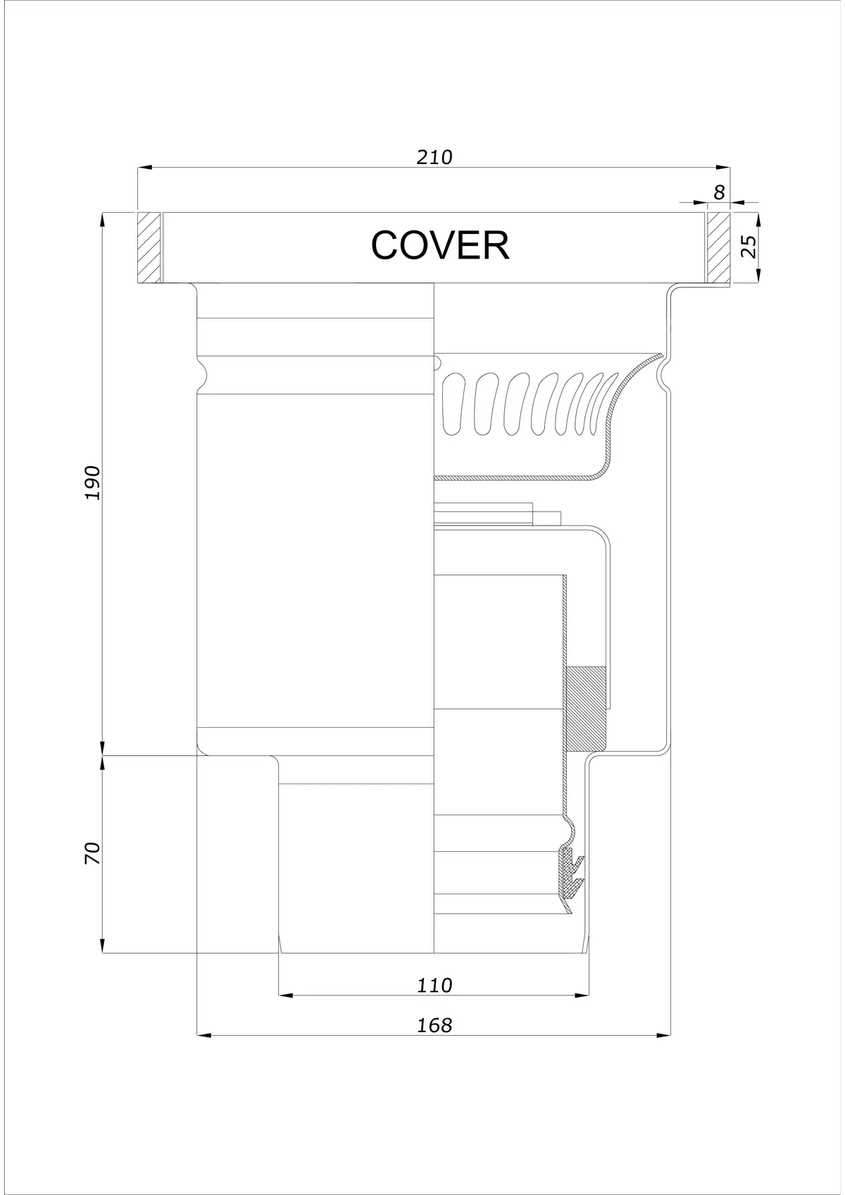 Floor Drain BK_KROD 210 DN 110 with Edge 25x8mm - One-Piece Vertical