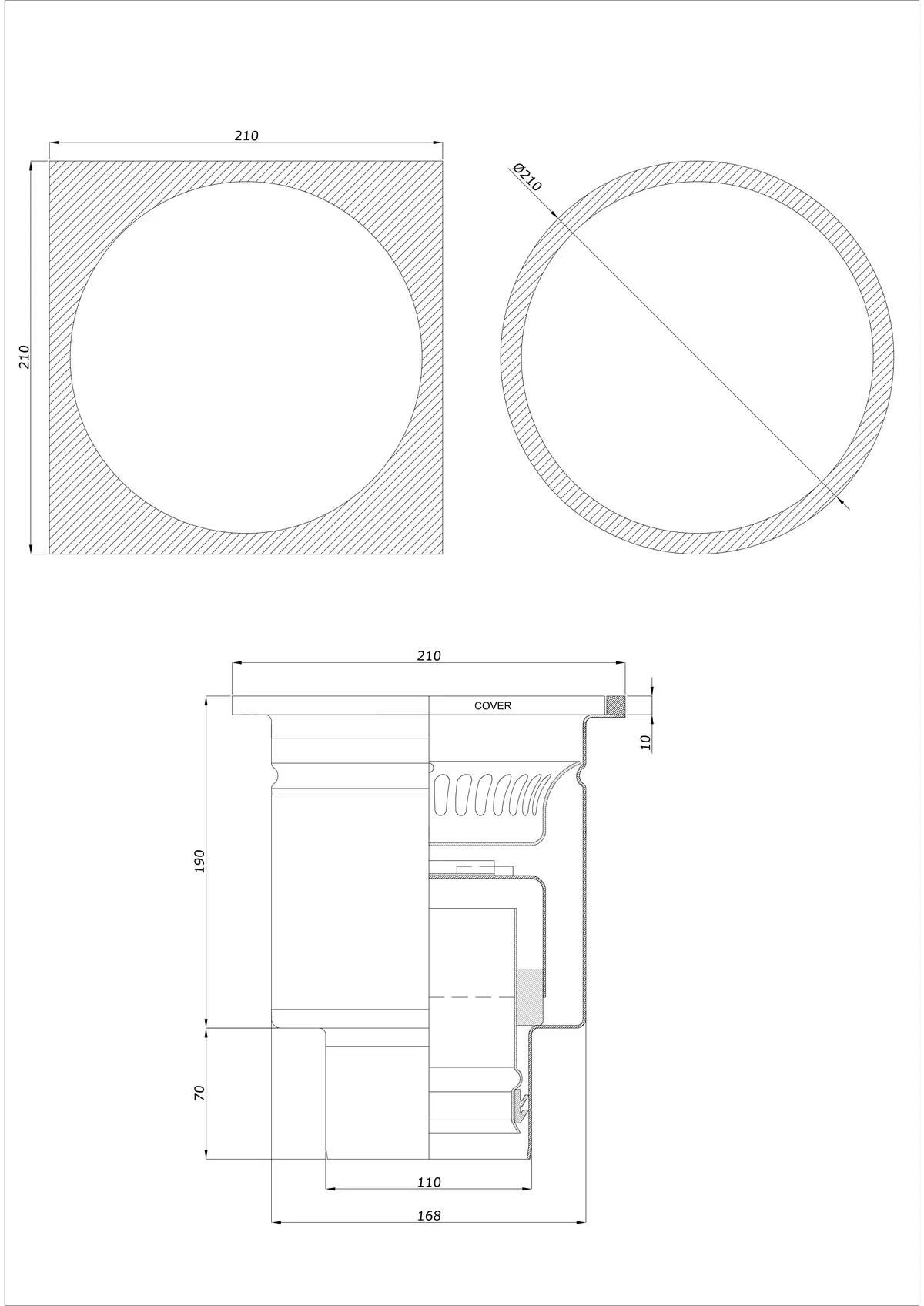 Floor Drain BK_KRDO 210/210x210 DN 110 - One-Piece Vertical - Round/Square Version