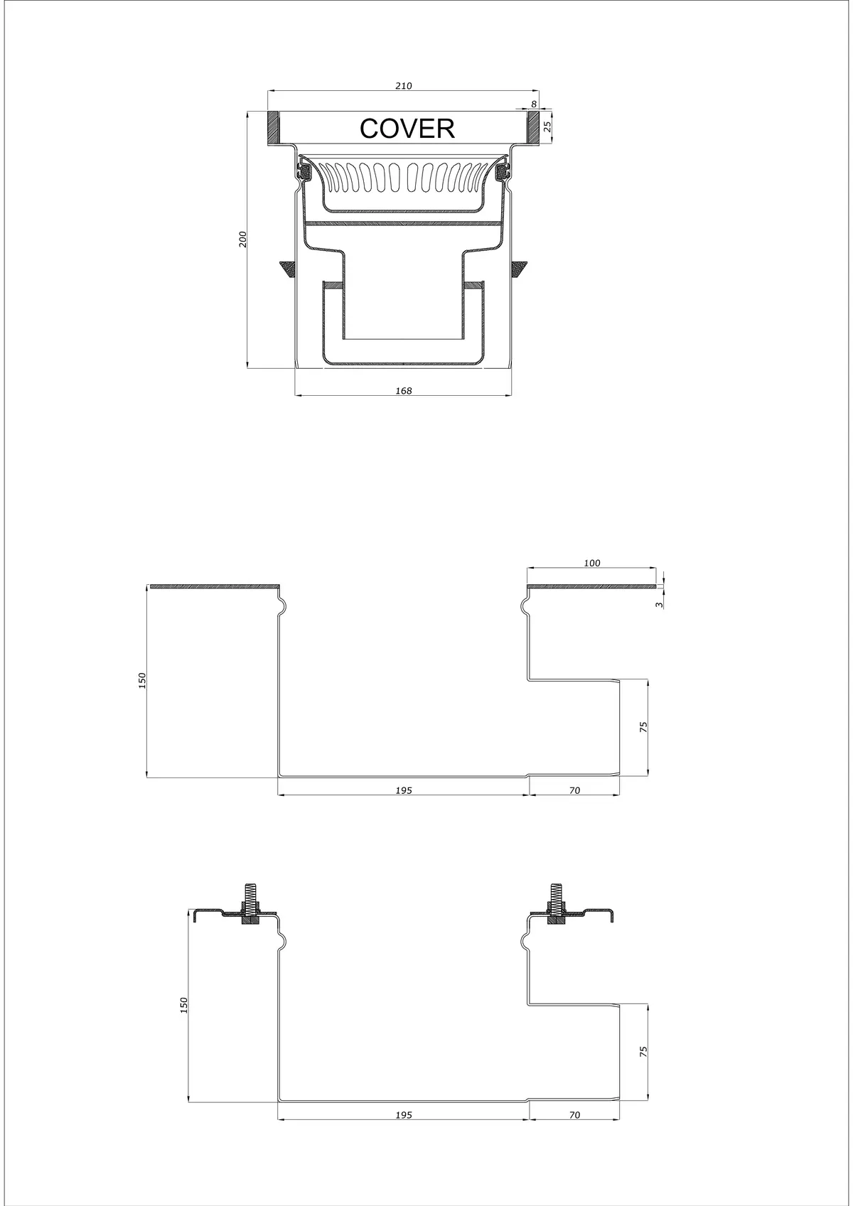 Floor Drain BK_KROB 210 DN 75 with Edge 25x8mm - Two-Part Horizontal Drain