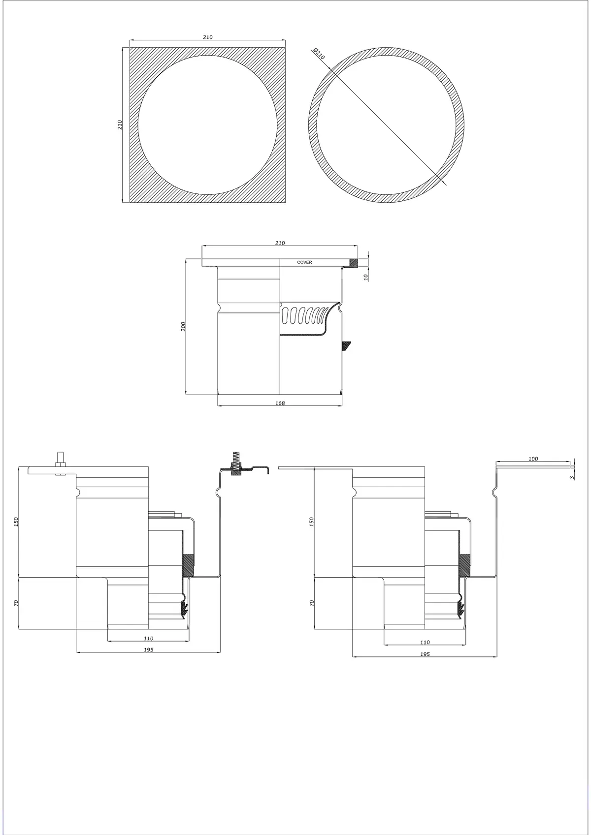 Floor Drain BK_KRDO 210/210x210 DN 110 - Two-Part Vertical - Round/Square Version