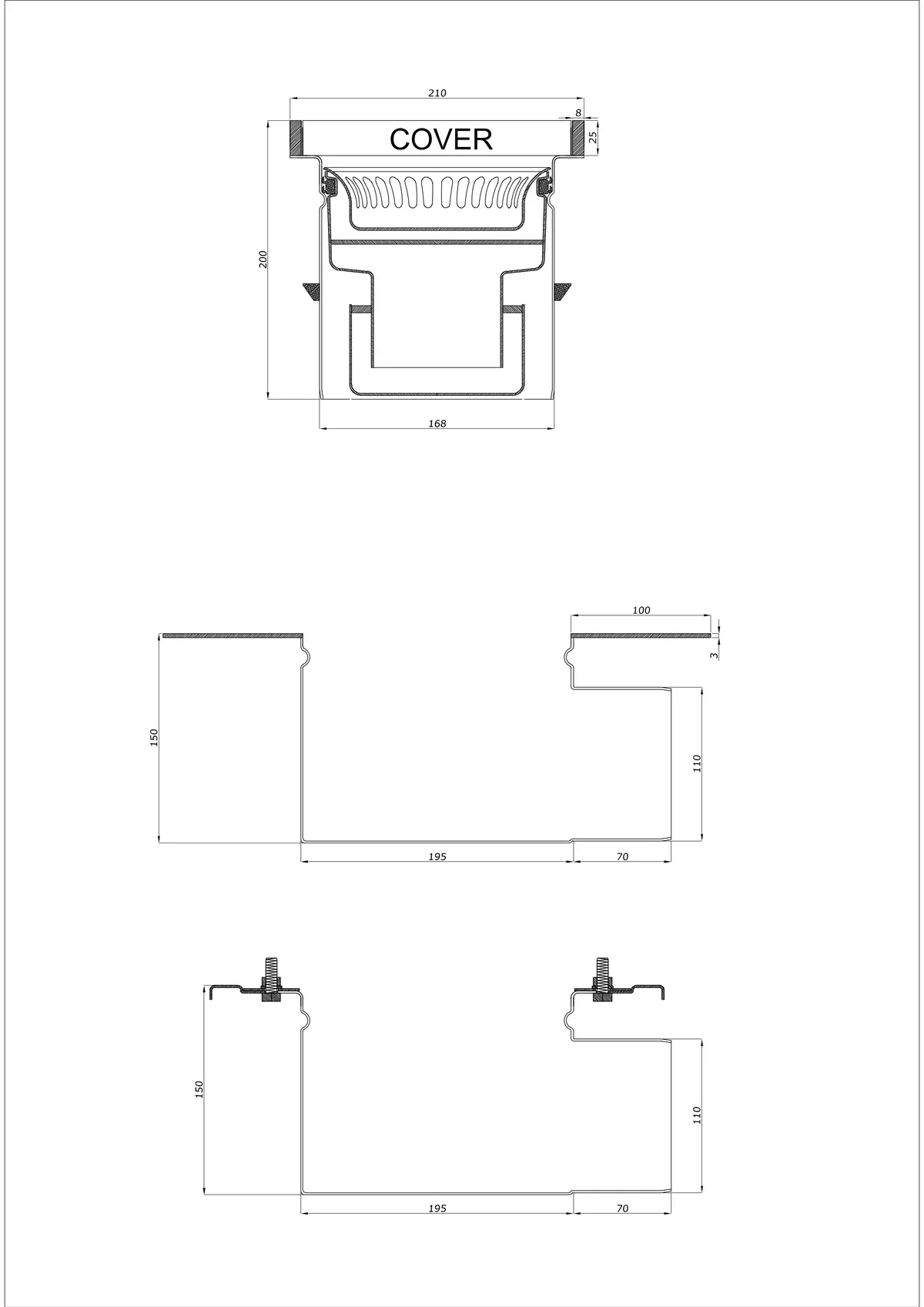 Floor Drain BK_KROB 210 DN 110 with Edge 25x8mm - Two-Part Horizontal